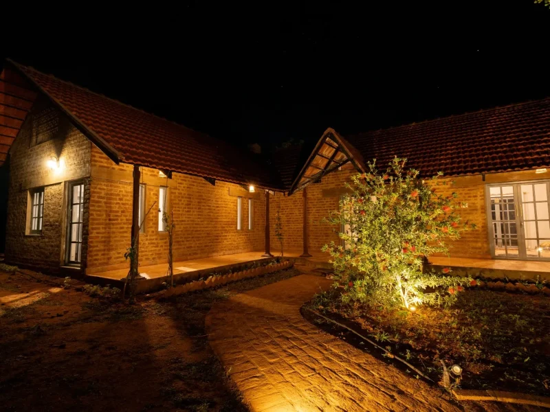 Night view of Ficus Cottage at Kilukka Farms
